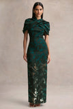 Hada Dark Green Satin Devore Square Neck Maxi Dress With Removable Twisted Cape