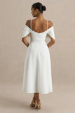 Hettie White Short Sleeve Bardot Midi Dress With Bow Detail