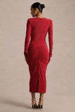 Ivara Red Plunge Neck Maxi Dress With Ruched Detailing And Sash