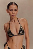 Huntleigh Crochet Bikini Top Black Gold Sunshine Print
