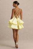 Flavia Lemon Plunge Neck Ruffled Skater Micro Mini Dress