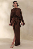 Delphina Brown Satin Maxi Dress With Gathered And Knot Detail