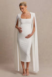 Flawless White Square Neck Maternity Midi Dress With Cape Sleeves