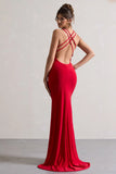 Lucky Day Red Cross Over Back Fishtail Maxi Dress