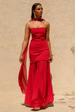 Kylie Red High Neck Maxi Dress With Chiffon Skirt