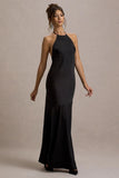 Frida Black Satin Halter Neck Backless Maxi Dress
