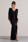 Perry Black V Neck Cape Sleeve Split Maxi Dress