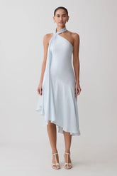 Evelina Halter Asymmetric Hem Midi Dress Ice Blue