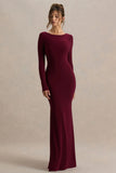 Estelle Burgundy Boat Neck Maxi Dress With Open Back And Lace Detail