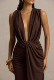 Serafina Chocolate Extreme Plunge Neck Maxi Dress With Wrap And Ruched Details