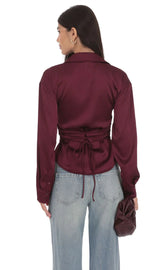 Satin Button Up Shirt in Burgundy