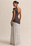 Motira Brown Polka Dot Asymmetric Neck Maxi Dress With Asymmetric Drop Waist