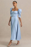 Rosey Powder Blue Satin Sweetheart Midi Dress