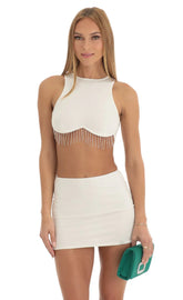 Rhinestone Reverse Sweetheart Two Piece Skirt Set in Cream