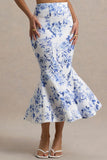 Amadea Blue Porcelain Print Fishtail Midi Skirt