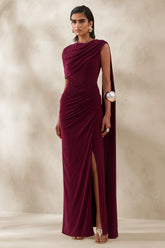 Palomara Burgundy Round Neck Maxi Dress With Sash And Front High Split