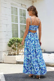 Women Floral Maxi Dress Tie Front Cut Out Backless Boho Spaghetti Strap Summer Beach Sundress