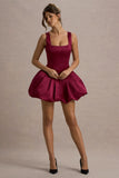 Bramble Port Satin Square Neck Puffball Mini Dress