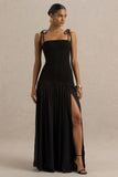 Maeva Black Square Neck Fishtail Maxi Dress With Ruched Detailing