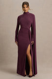 Anticipation Burgundy High Neck Maxi Dress With Front Split And Ruched Detailing