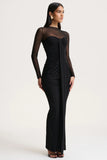 Cadenza Black Crew Neck Maxi Dress With Mesh And Gathered Detailing