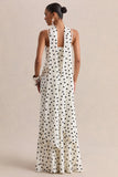 Starling White Black Polka Dot Matte Satin Plunge Neck Maxi Dress With Scarf Detail
