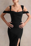 Amoura Black Square Neck Draped Wrap Maxi Dress