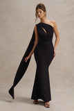 Elaina Black Asymmetric Knot Maxi Dress With Sash