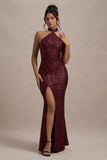 On The Rise Berry Sequin High Neck Strappy Back Split Maxi Dress