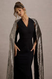 Ilenia Black V Neck Maxi Dress With Metallic Cape