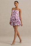 Swirl Cream Floral Print Bandeau Puffball Mini Dress With Ruffle Detail
