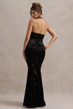 Sunset Tales Black Satin Devore Plunge Neck Maxi Dress