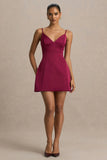 Elara Burgundy Satin Plunge Neck Mini Dress