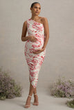 Late Night Pink Floral Print Maternity Ruched One Shoulder Midi Dress