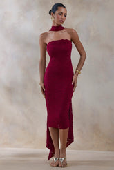Rosaria Burgundy Lace Bandeau Midi Dress With Scarf Detail