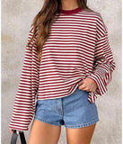 Women Striped Long Sleeve Shirt Crewneck Cropped Pullover Top Fall Winter Vintage Sweatshirt Streetwear
