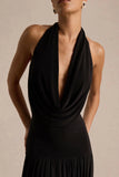 Verity Black Cowl Neck Maxi Dress With Sheer Skirt