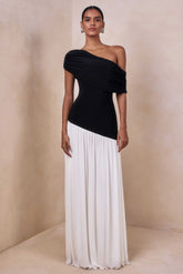 Doroyta Black And White Asymmetric Neck Maxi Dress