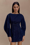 Cosmala Denim Long Sleeve Mini Dress Indigo Blue