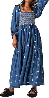 Women Floral Embroidered Maxi Dress Long Puff Sleeve Square Neck Bohemian Flowy Dress with Pockets Summer Fall