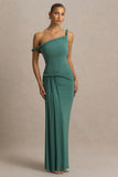Tulisa Green Asymmetric Neck Maxi Dress With Twist Sleeves And Ruched Detailing