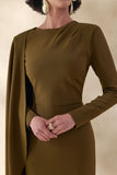 Jovea Olive Round Neck Maxi Dress With Cape Sleeve