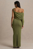 Layla Olive Asymmetric Neck Wrap Maxi Dress With Body Cut Out And Ruched Detailing