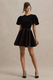 Priya Black Velvet Mini Dress With Puff Sleeves