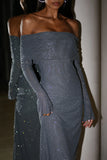 Marcel Off Shoulder Diamante Maxi Dress Gunmetal