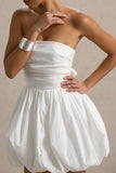 Faye White Puff Ball Bandeau Micro Mini Dress With Ruching Details