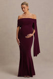 Aquila Burgundy Bardot Maternity Maxi Dress With Draped Detail