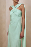 Sloane Mint Matte Satin Halter Neck Maxi Dress With Cape