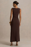 Fiora Brown Wide Neck Maxi Dress With Gathered Detail