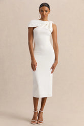 Clarina White Asymmetric Neck Midi Dress With Bow Detail